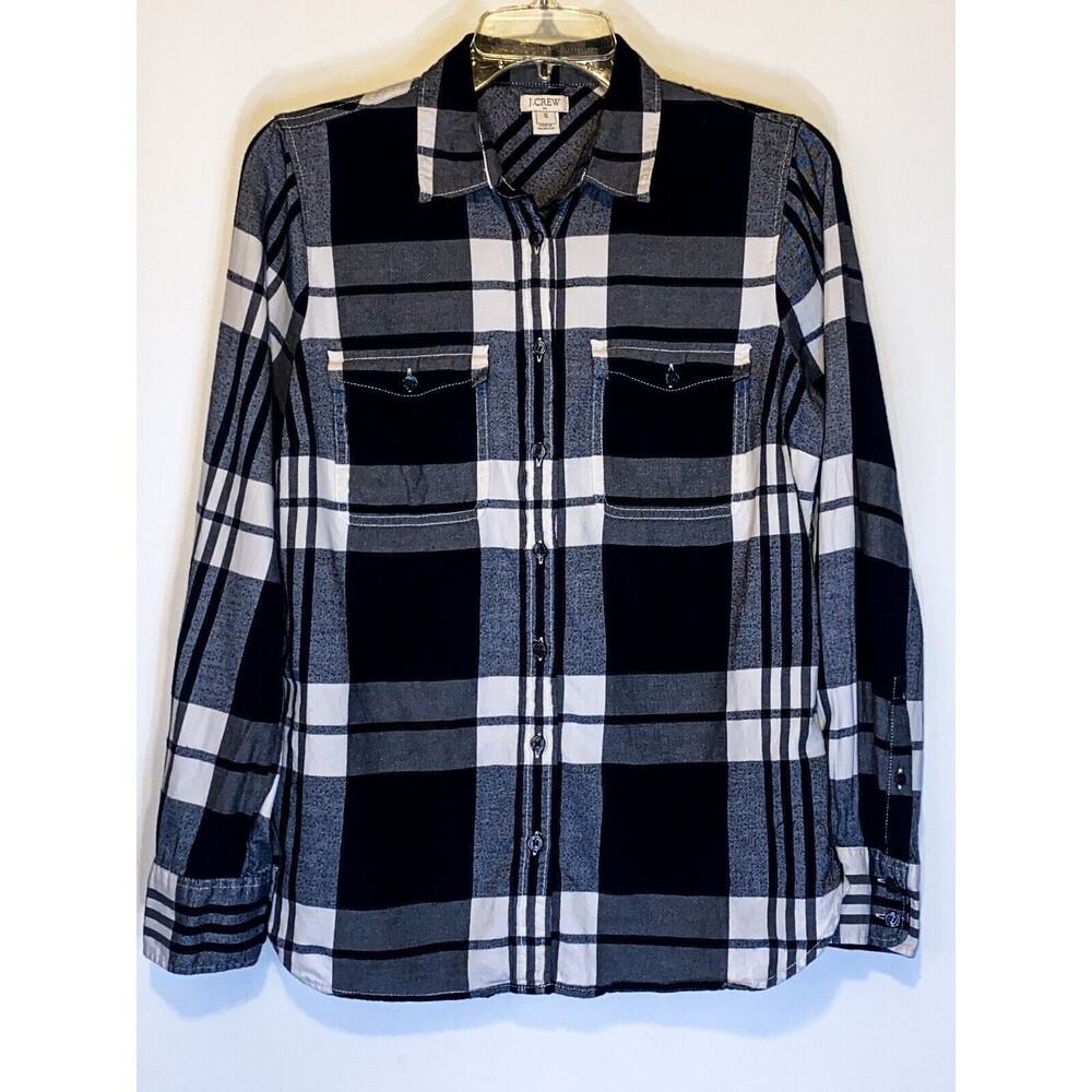 J Crew Plaid Button Down Flannel Shirt Mens SM Navy White Basic Layering